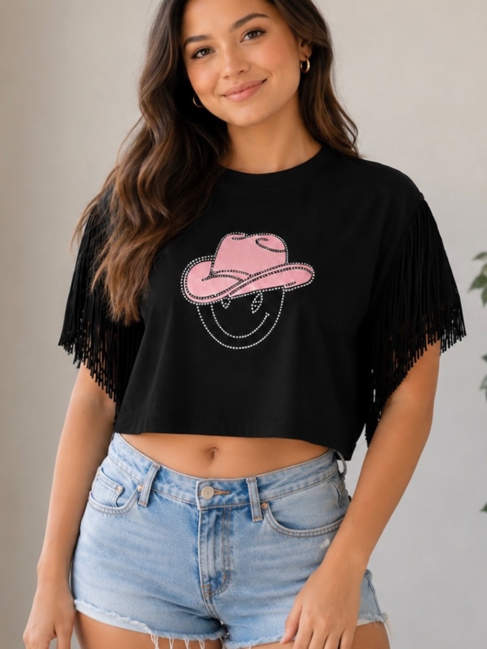 WOMEN'S SHORT FRINGE SLEEVE CROP TOP IN BLACK GRAPHIC SHIRT SZ-Large